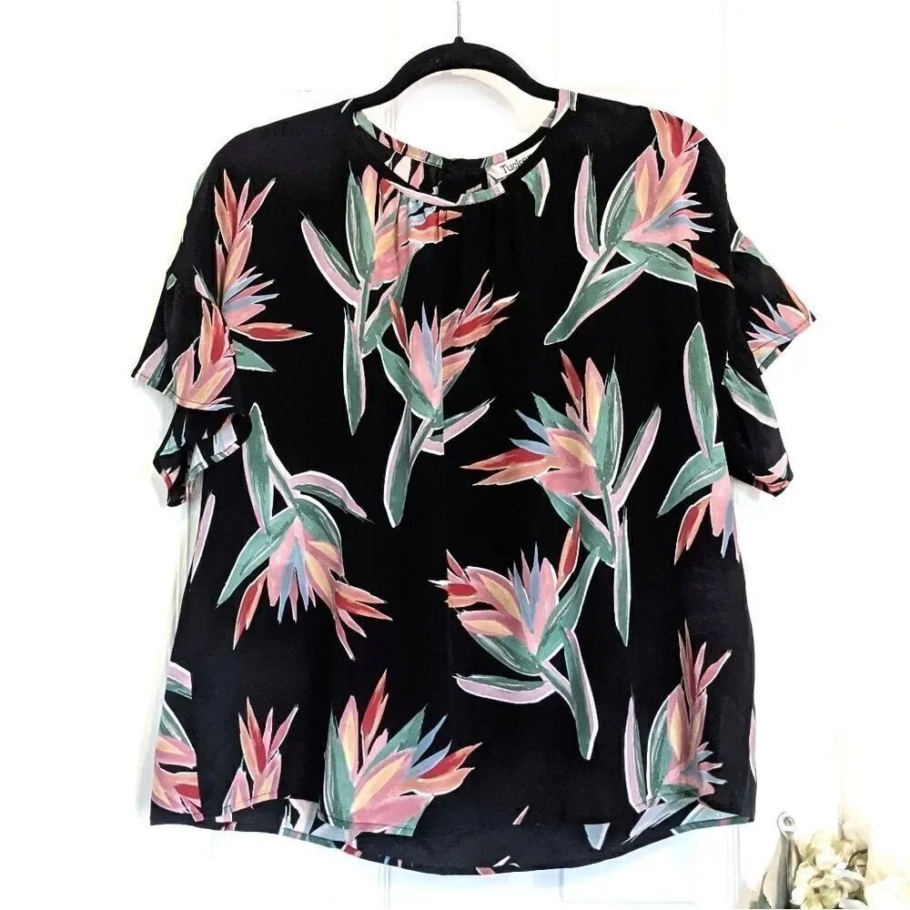 Tucker Lola Top Birds of Paradise Crepe de Chine Silk Blouse Floral Short Sleeve